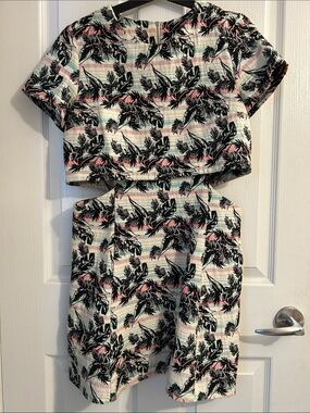 Topshop Palm-Print Cap Sleeve side cutout dress
